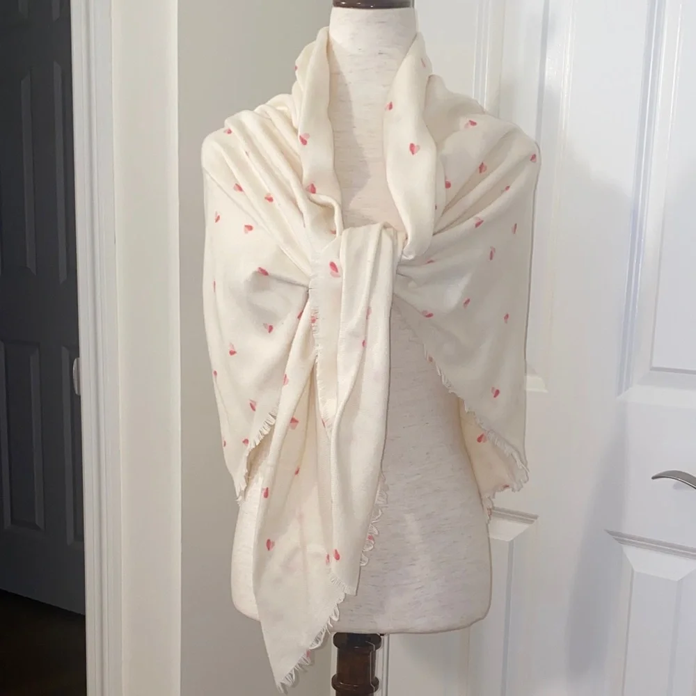 Cream Scarf with Pink Hearts